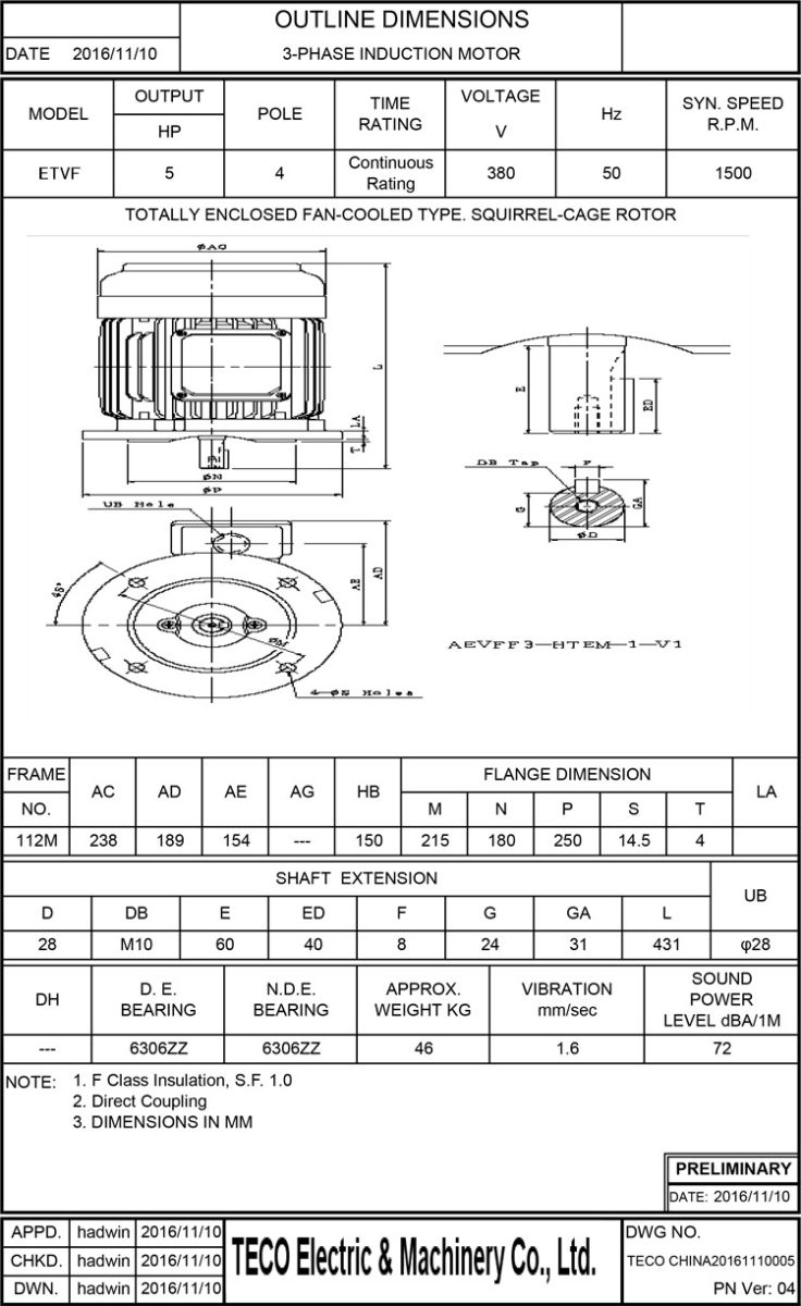 東元3.7KW 4P立式剎車電機尺寸圖